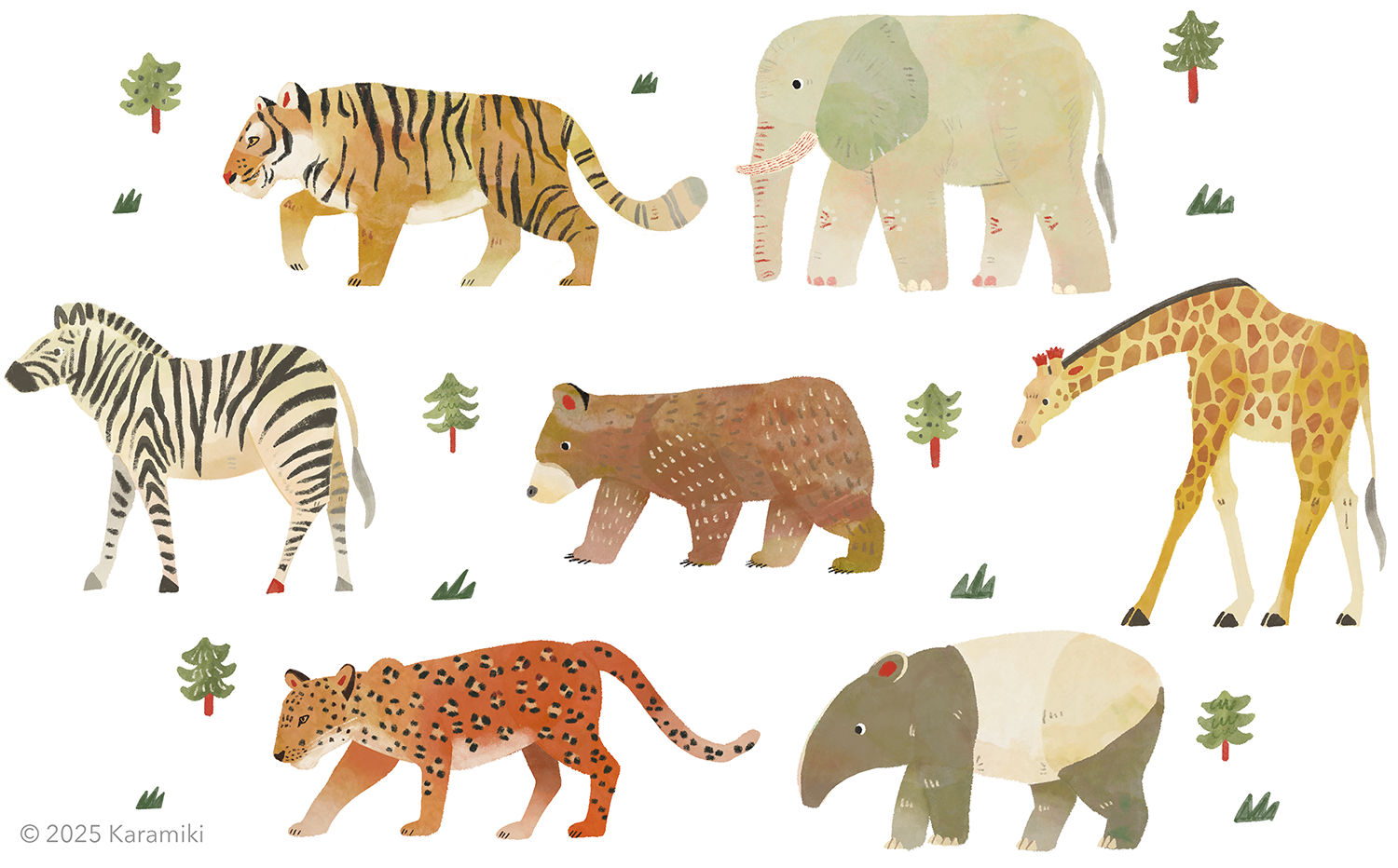 クマ、トラ、ゾウ、シマウマ、キリン、ヒョウ、バクのイラスト