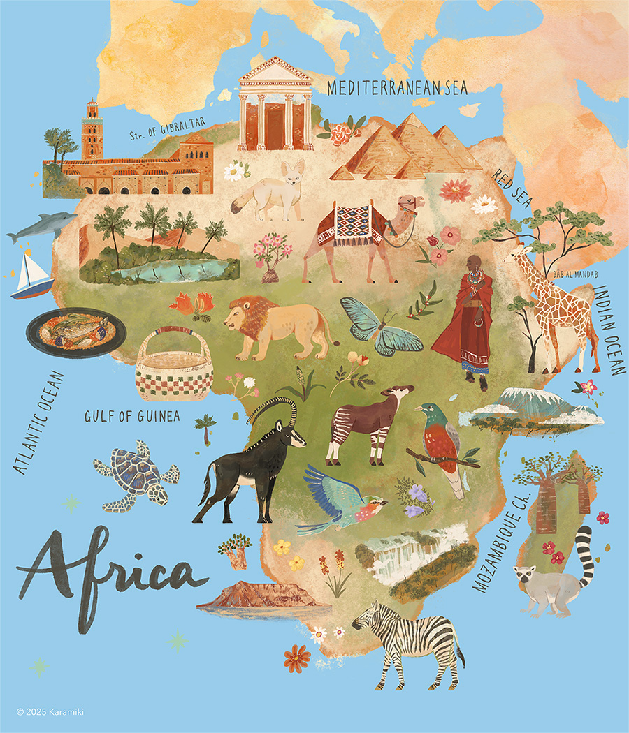 アフリカの地図、マップ、マサイ、サバンナ、サハラ、アフリカの動物のイラスト