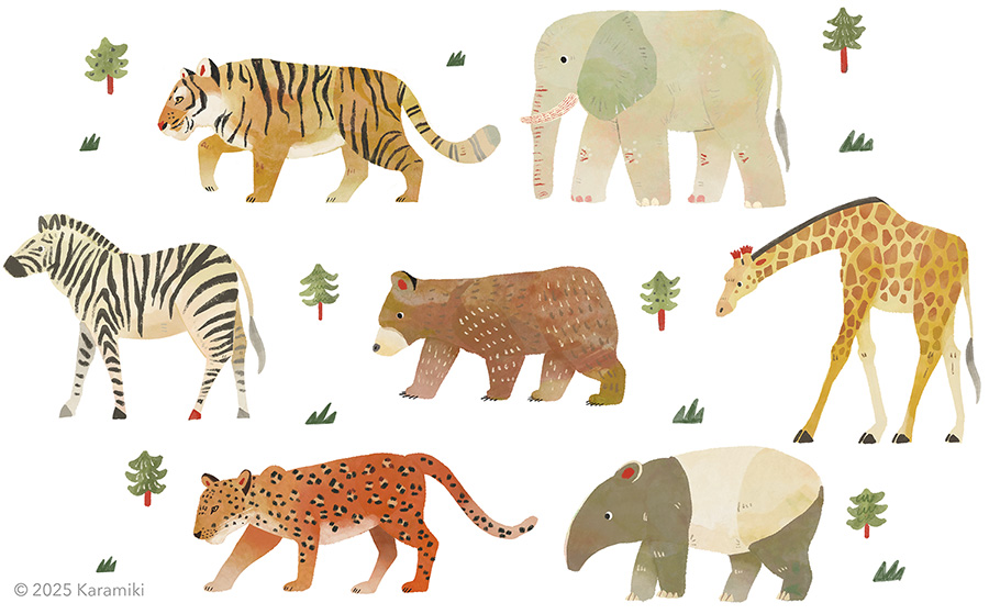 クマ、トラ、ゾウ、シマウマ、キリン、ヒョウ、バクのイラスト