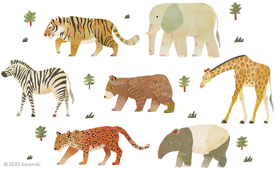 クマ、トラ、ゾウ、シマウマ、キリン、ヒョウ、バクのイラスト