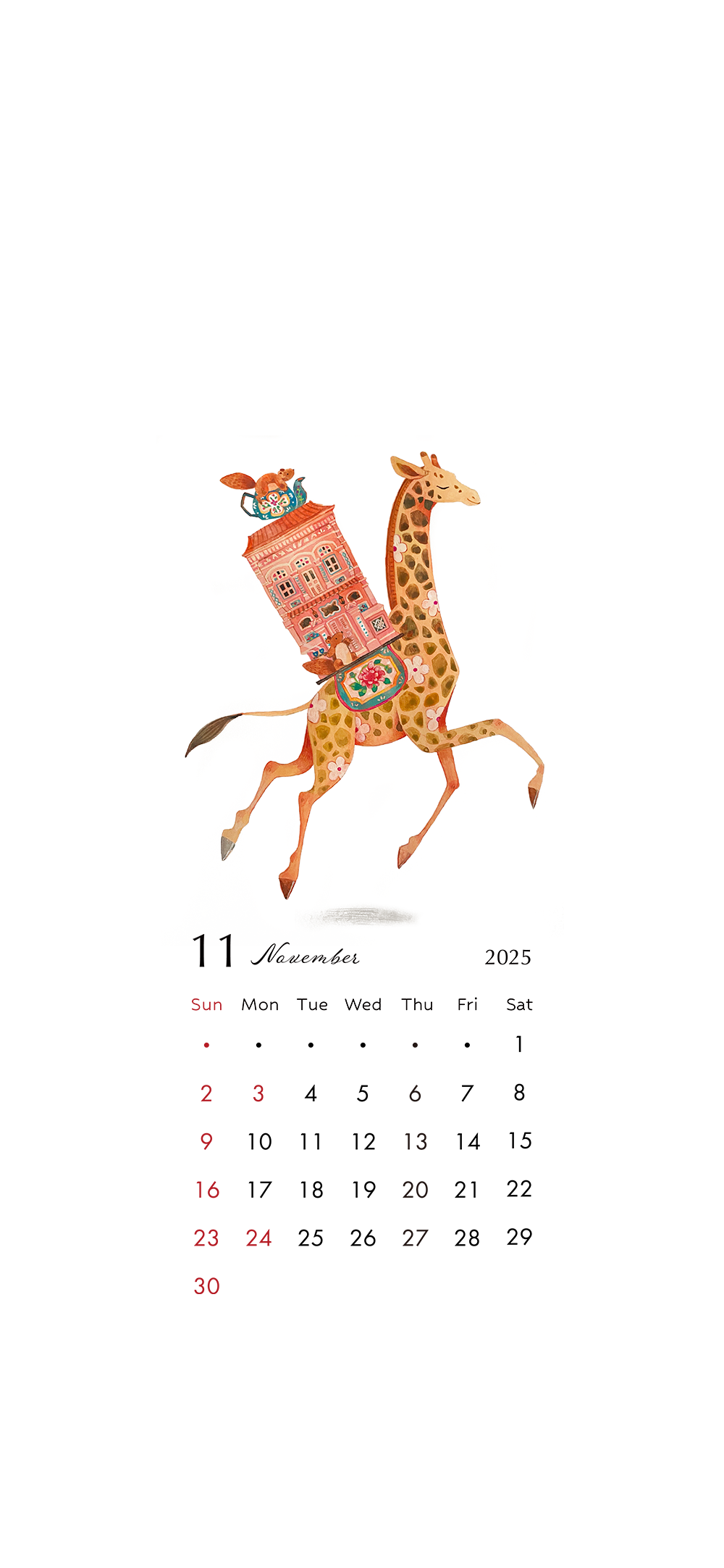 2025年11月のカレンダーイラスト、秋のフィッツロイ山、パタゴニアの紅葉、キリンの引っ越しやさんイラスト