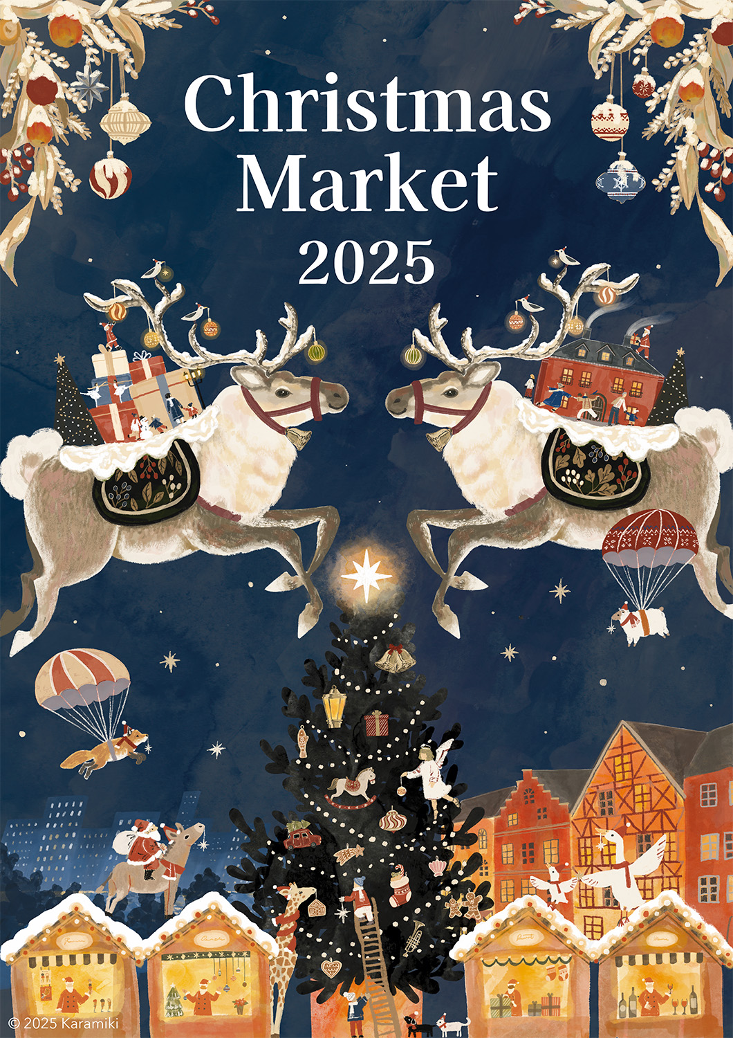 クリスマスマーケットイラスト、トナカイ、建物、クリスマスツリー
