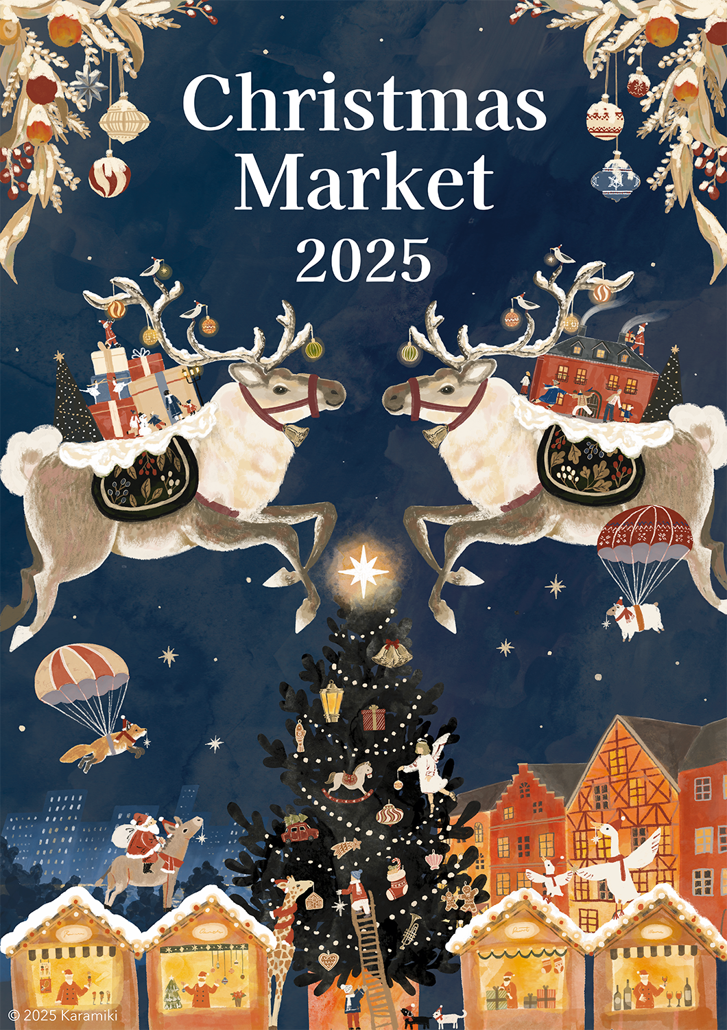 クリスマスマーケットイラスト、トナカイ、建物、クリスマスツリー
