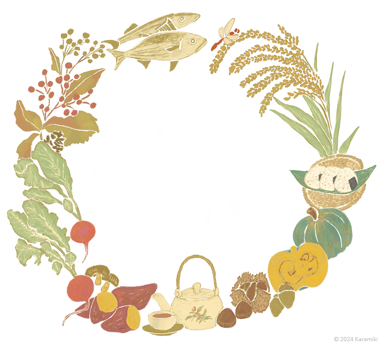 秋の幸、カツオ、サンマ、サツマイモ、カボチャ、おにぎりのイラスト