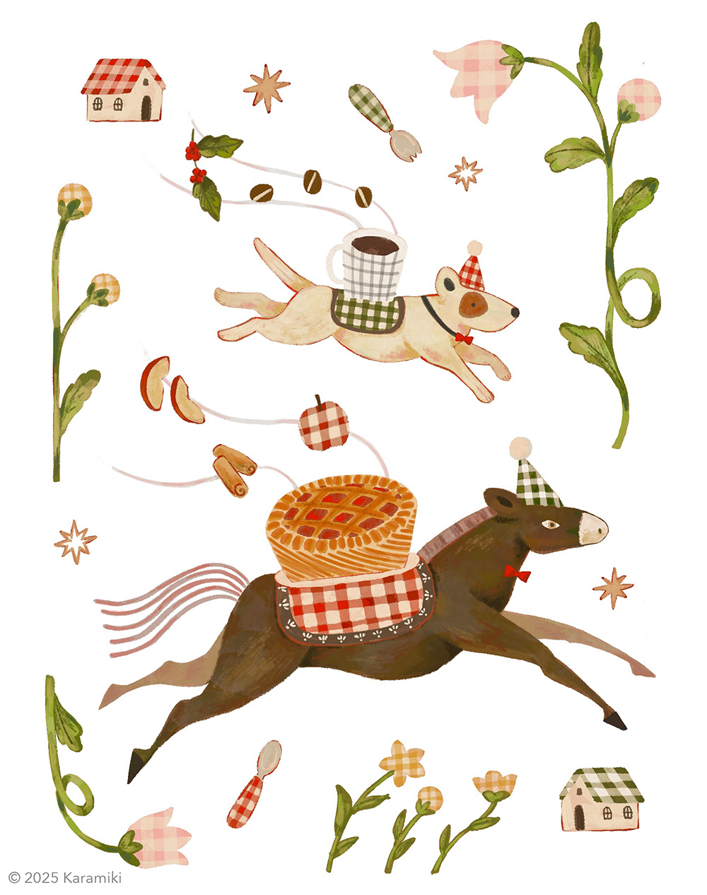 ギンガムチェックパーティーに向かう馬と犬のイラスト