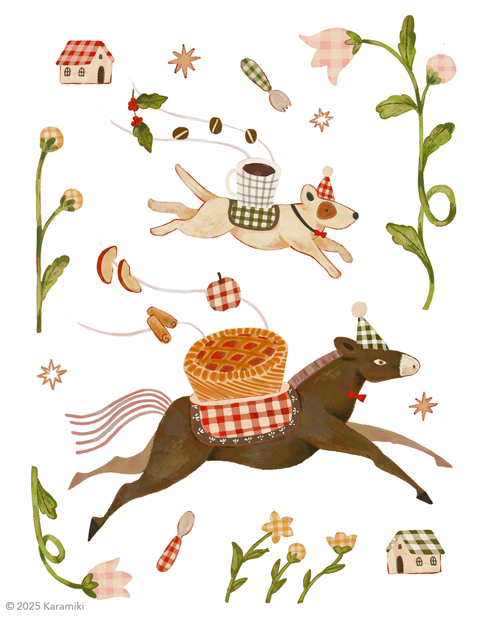 ギンガムチェックパーティーに向かう馬と犬のイラスト