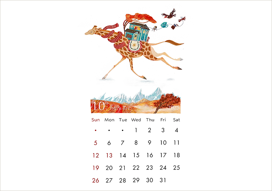 2025年10月のカレンダーイラスト、秋のフィッツロイ山、パタゴニアの紅葉、キリンの引っ越しやさんイラスト