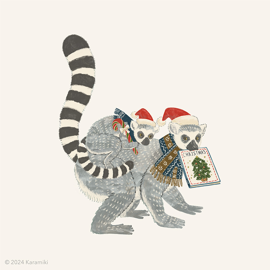 クリスマス、ワオキツネザルの親子のイラスト