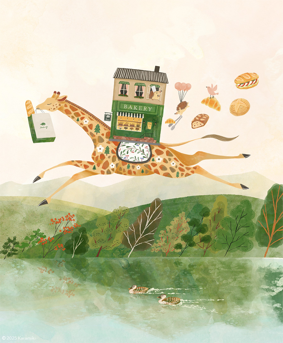 ハリネズミのパン屋さんとキリンの引っ越しやさんイラスト