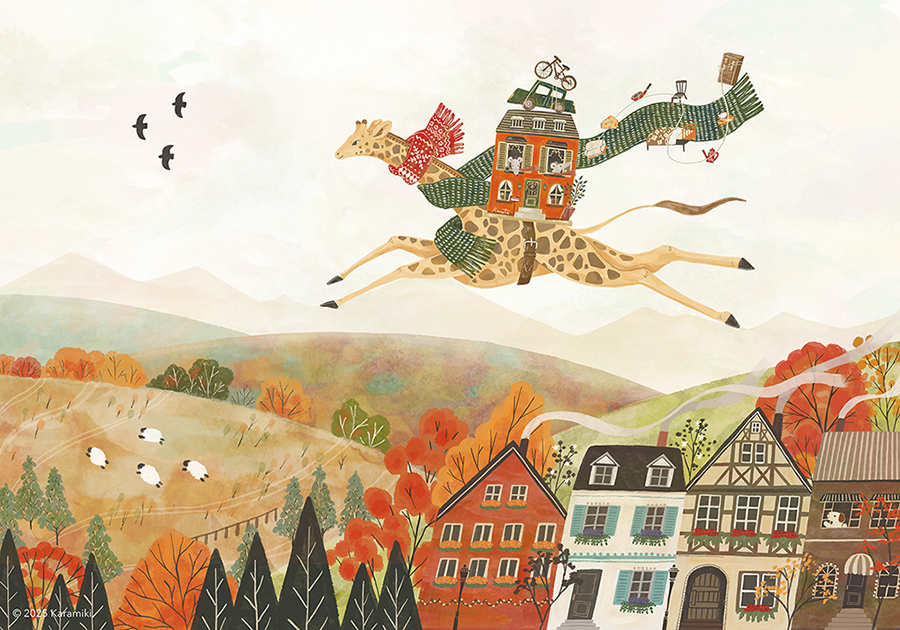 秋の山々とキリンの引っ越しやさん