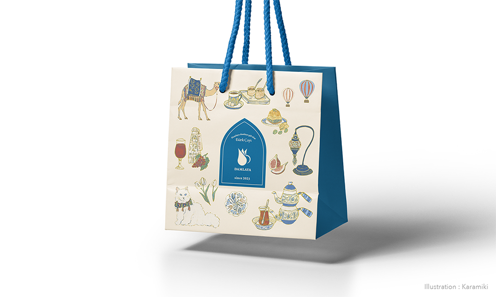 トルコの紅茶、コーヒー、ワインとラクダ、ネコ等のイラスト、ショッパーモックアップ