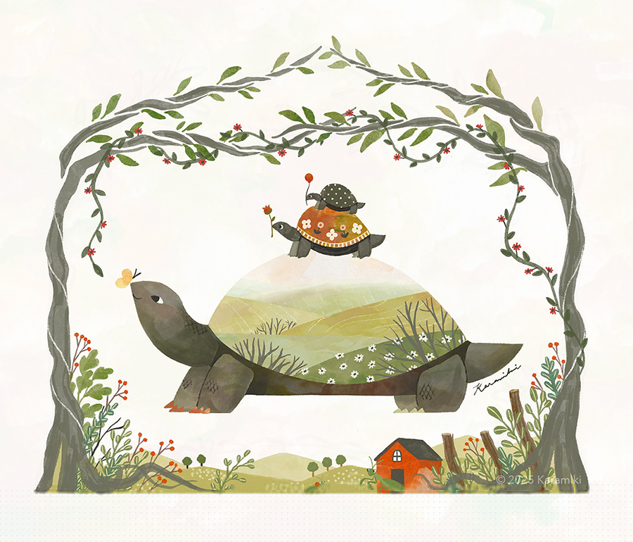 親亀と子亀、霧深い風景、子供の頃の思い出