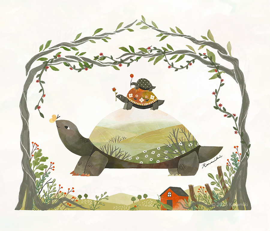 親亀と子亀、霧深い風景、子供の頃の思い出