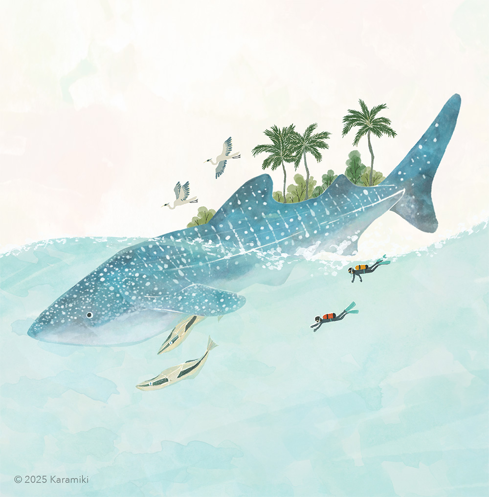 ジンベエザメと海、アオサギ、コバンザメのイラスト