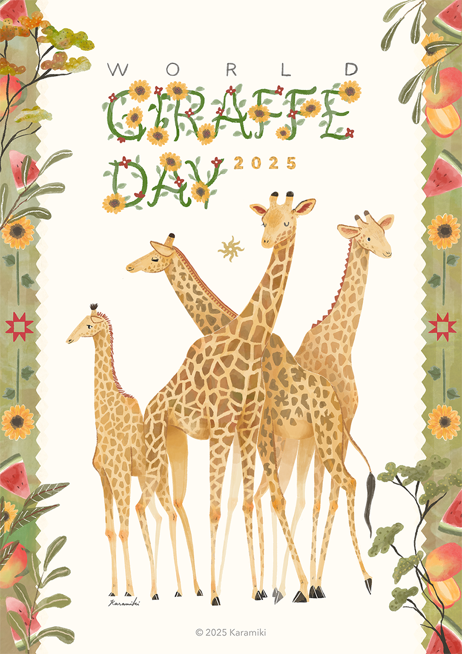 世界キリンの日イラスト、キタキリン、ミナミキリン、マサイキリン、アミメキリン